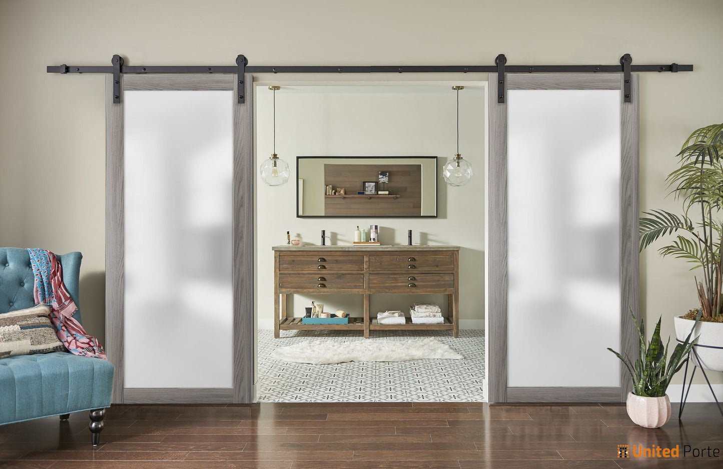 Planum 2102 Ginger Ash Double Barn Door with Frosted Glass and Black Rail