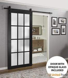 Felicia 3312 Matte Black Barn Door with Frosted Glass and Black Rail