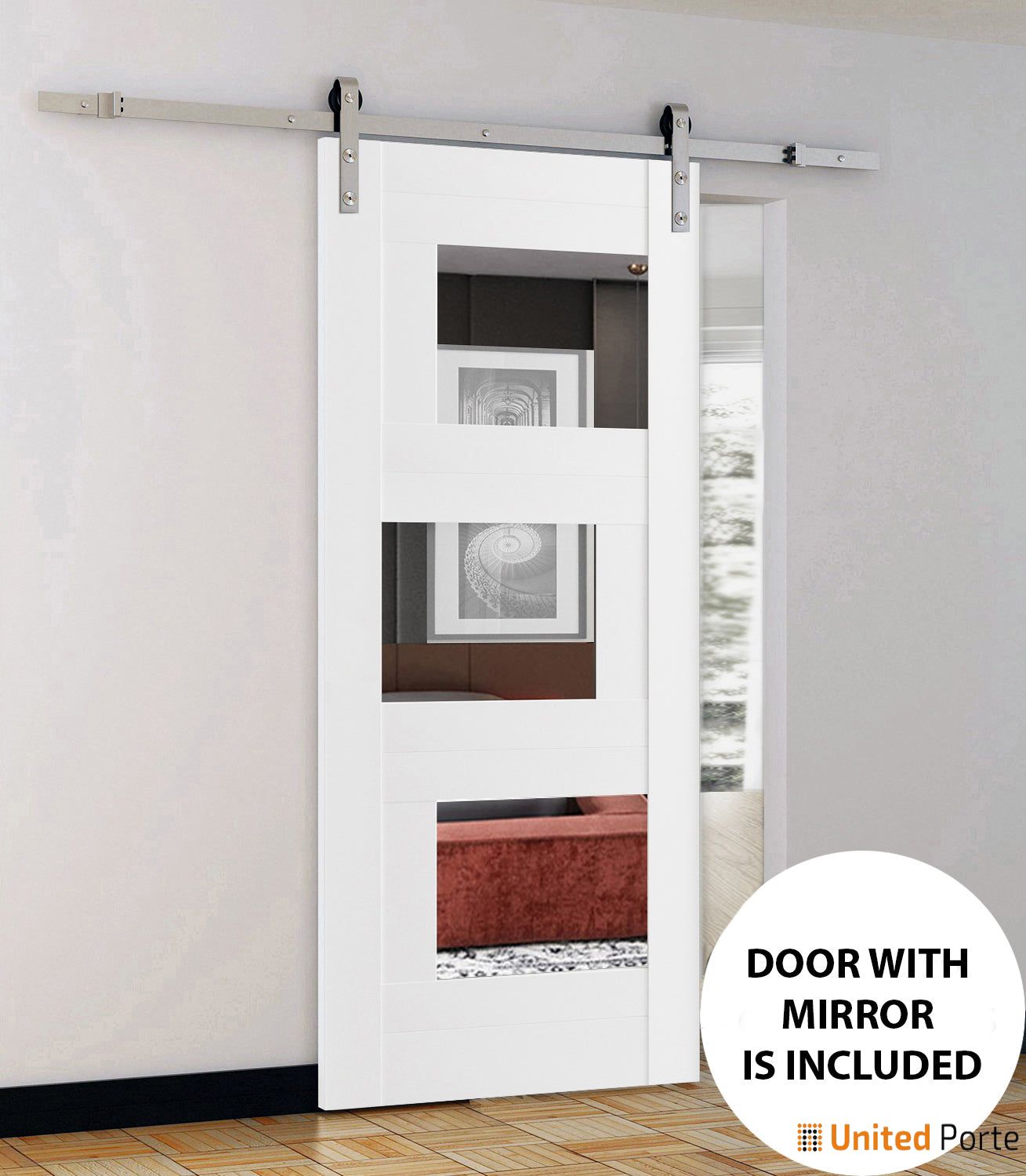 Sete 6999 White Silk Barn Door with Mirror and Silver Rail