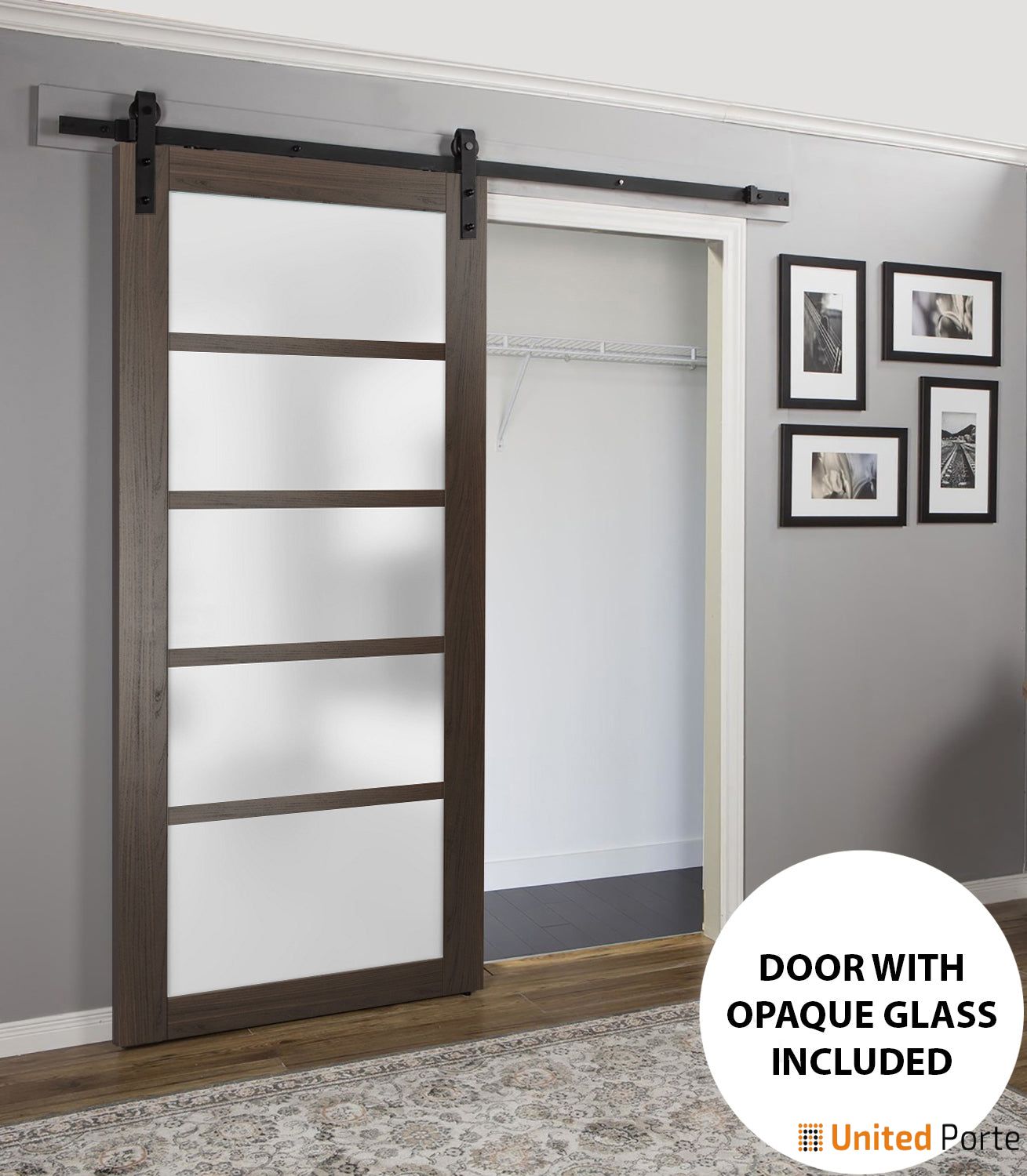 Quadro 4002 Chocolate Ash Barn Door with Frosted Glass and Black Rail