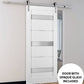Quadro 4055 White Silk Barn Door with Frosted Opaque Glass and Silver Rail