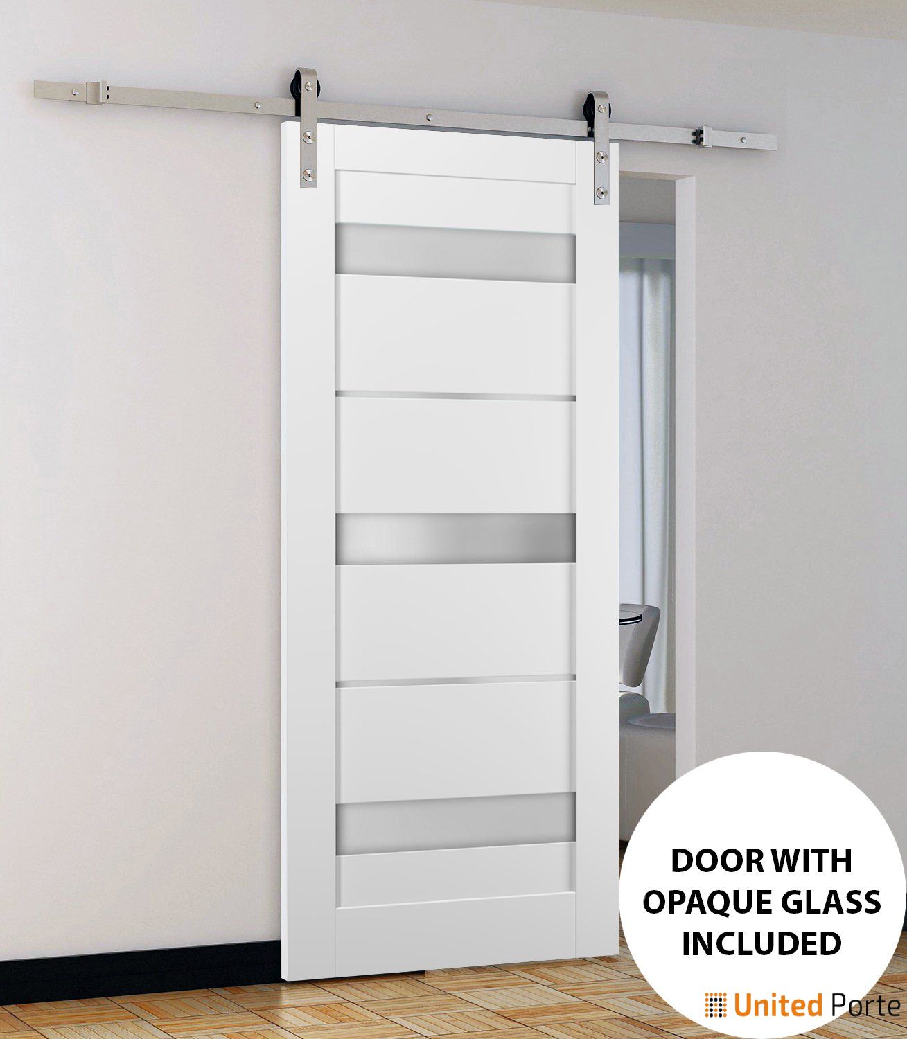 Quadro 4055 White Silk Barn Door with Frosted Opaque Glass and Silver Rail