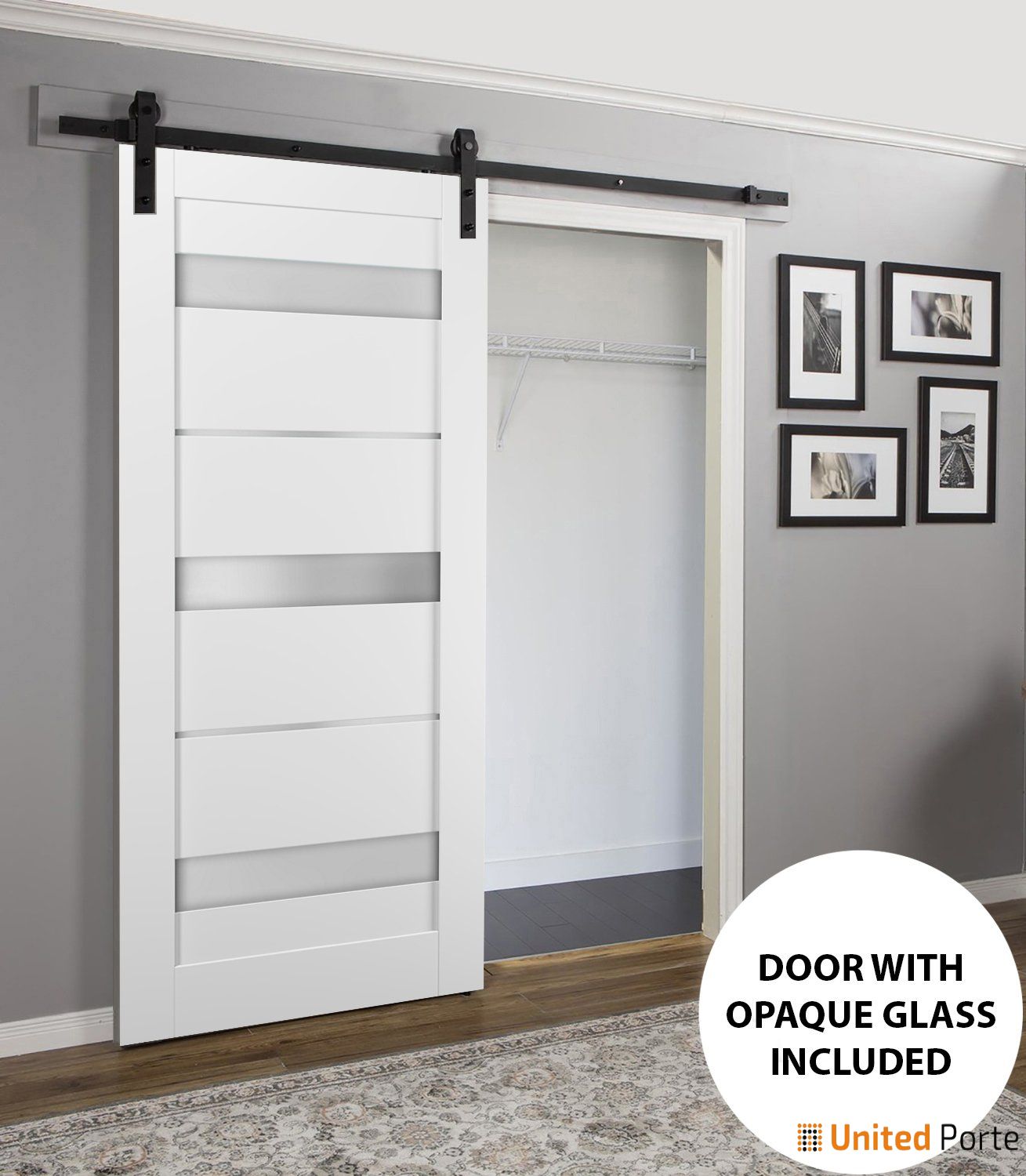 Quadro 4055 White Silk Barn Door with Frosted Opaque Glass and Black Rail