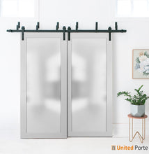Load image into Gallery viewer, Planum 2102 White Silk Double Barn Door with Frosted Glass and Black Bypass Rail