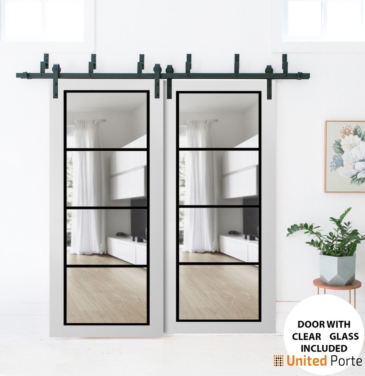 Lucia 2466 White Silk Double Barn Door with Clear Glass and Black Bypass Rails