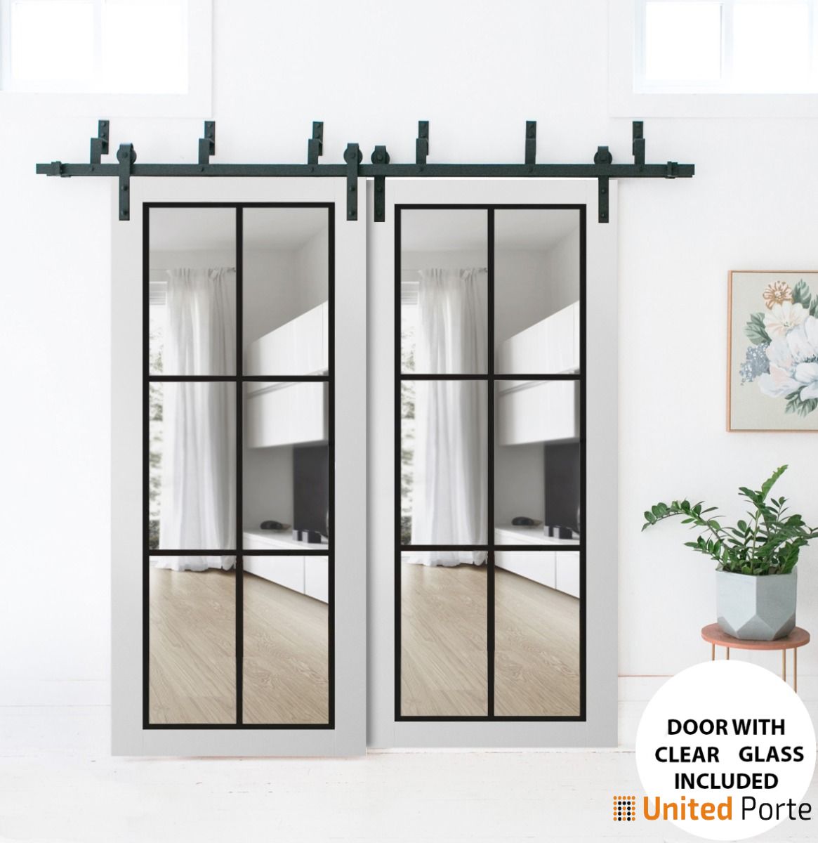 Lucia 2366 White Silk Double Barn Door with Clear Glass and Black Bypass Rails