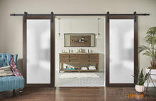 Load image into Gallery viewer, Planum 2102 Chocolate Ash Double Barn Door with Frosted Glass and Black Rail