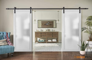 Planum 2102 White Silk Double Barn Door with Frosted Glass and Black Rail