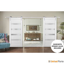 Load image into Gallery viewer, Quadro 4113 White Silk Double Barn Door with Frosted Opaque Glass and Silver Rail