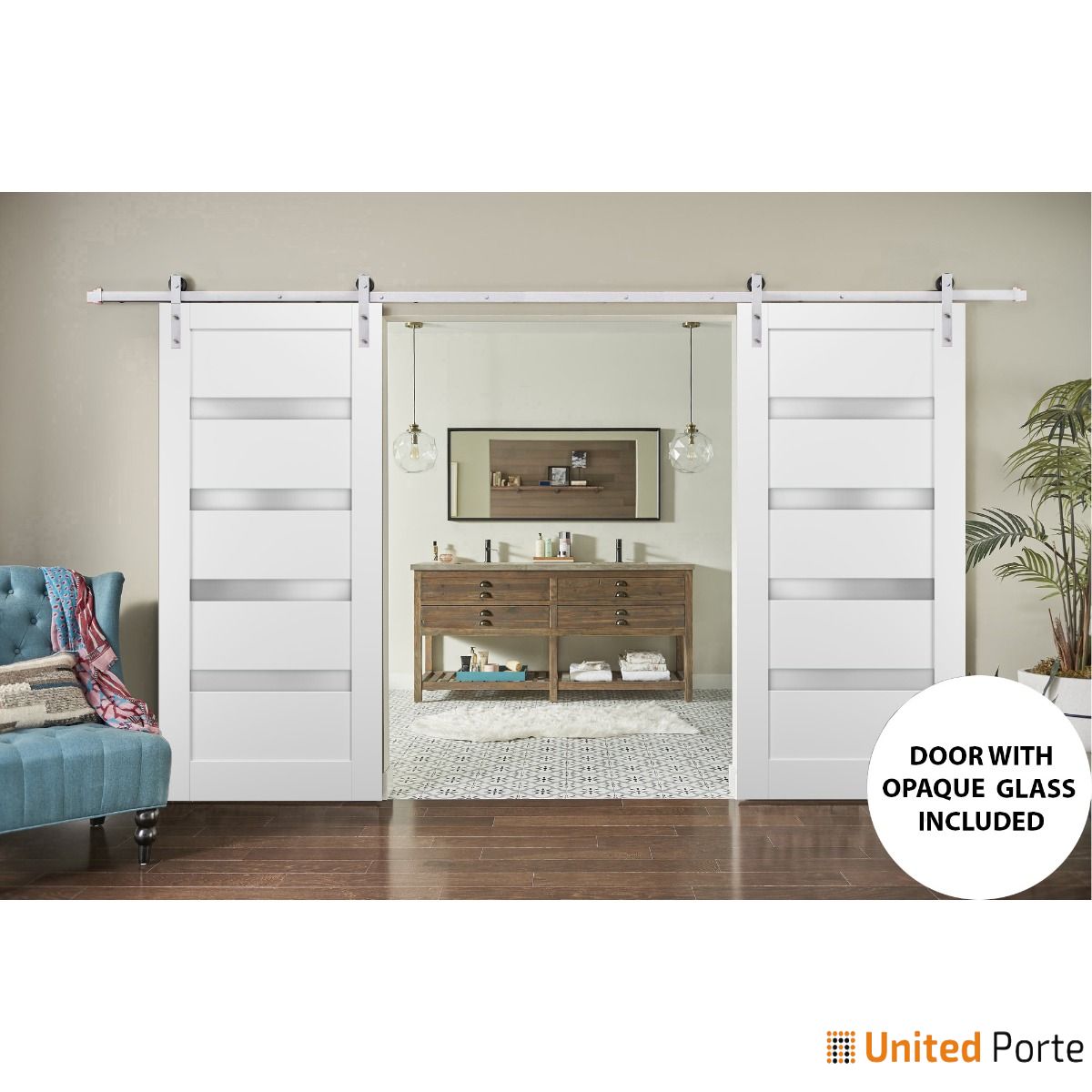 Quadro 4113 White Silk Double Barn Door with Frosted Opaque Glass and Silver Rail