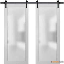 Load image into Gallery viewer, Planum 2102 White Silk Double Barn Door with Frosted Glass and Black Rail