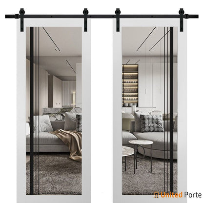Lucia 2566 White Silk Double Barn Door with Clear Glass and Black Rail