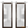 Planum 2102 Chocolate Ash Double Barn Door with Frosted Glass and Silver Rail
