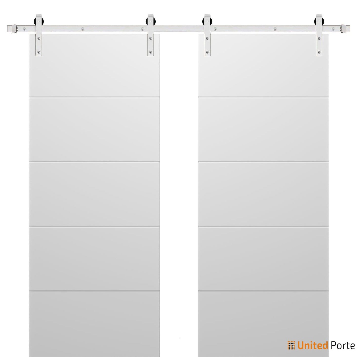 Planum 0770 Painted White Matte Double Barn Door and Silver Rail