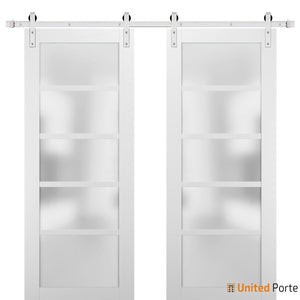 Quadro 4002 White Silk Double Barn Door with Frosted Glass and Silver Rail