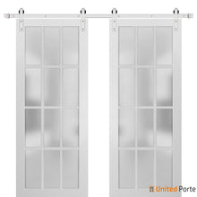 Load image into Gallery viewer, Felicia 3312 Matte White Double Barn Door with 12 Lites Frosted Glass and Silver Rail