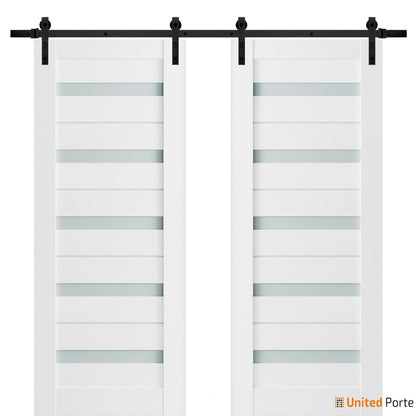 Quadro 4445 White Silk Double Barn Door with Frosted Glass and Black Rail