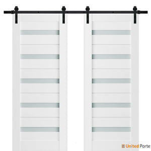 Quadro 4445 White Silk Double Barn Door with Frosted Glass and Black Rail