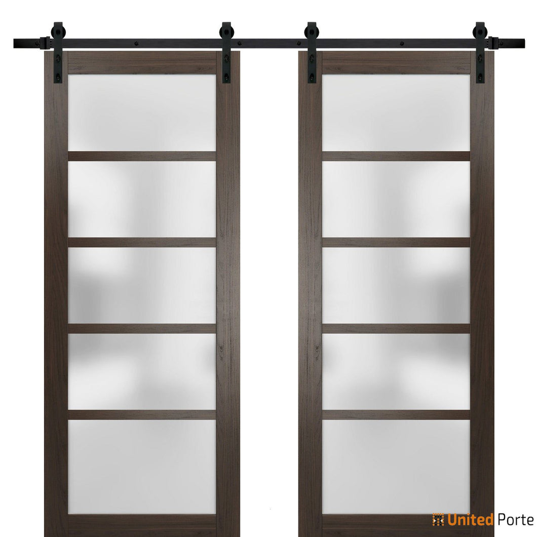 Quadro 4002 Chocolate Ash Double Barn Door with Frosted Glass and Black Rail