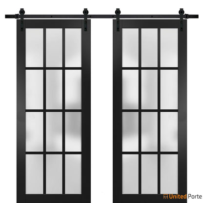 Felicia 3312 Matte Black Double Barn Door with Frosted Glass and Black Rail