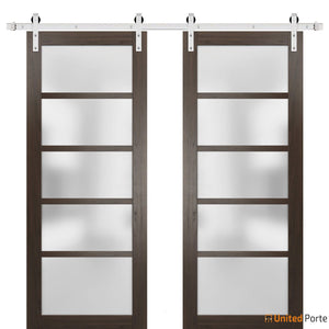 Quadro 4002 Chocolate Ash Double Barn Door with Frosted Glass and Silver Rail