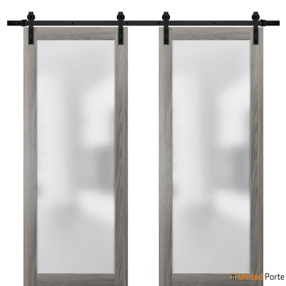 Planum 2102 Ginger Ash Double Barn Door with Frosted Glass and Black Rail