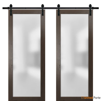 Planum 2102 Chocolate Ash Double Barn Door with Frosted Glass and Black Rail