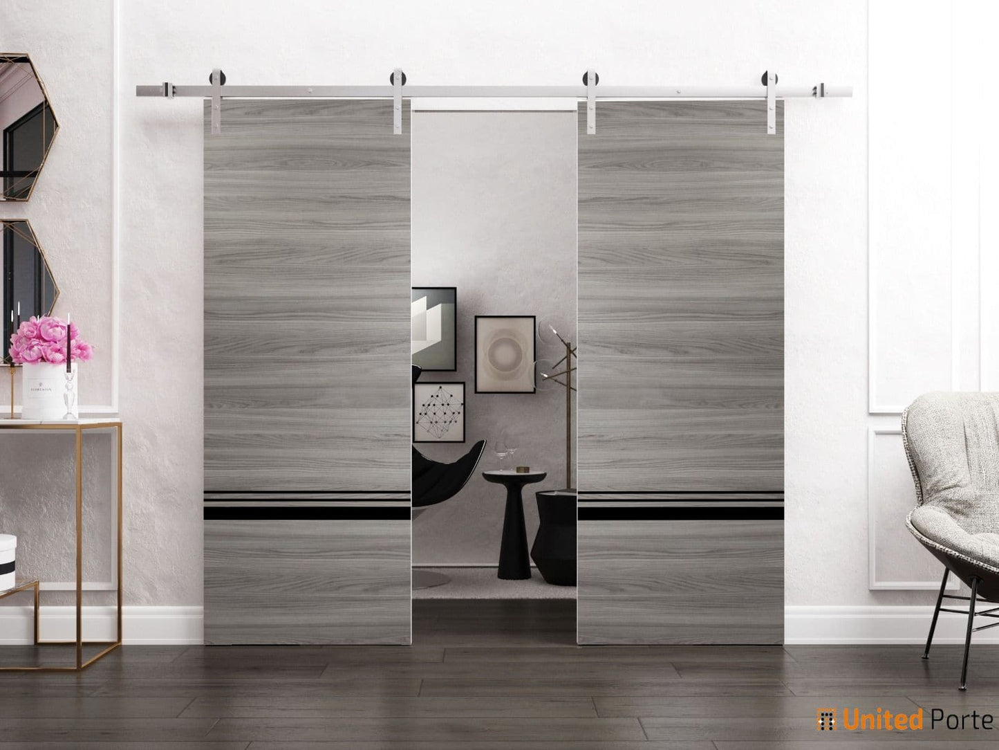 Planum 0012 Ginger Ash Double Barn Door and Silver Rail