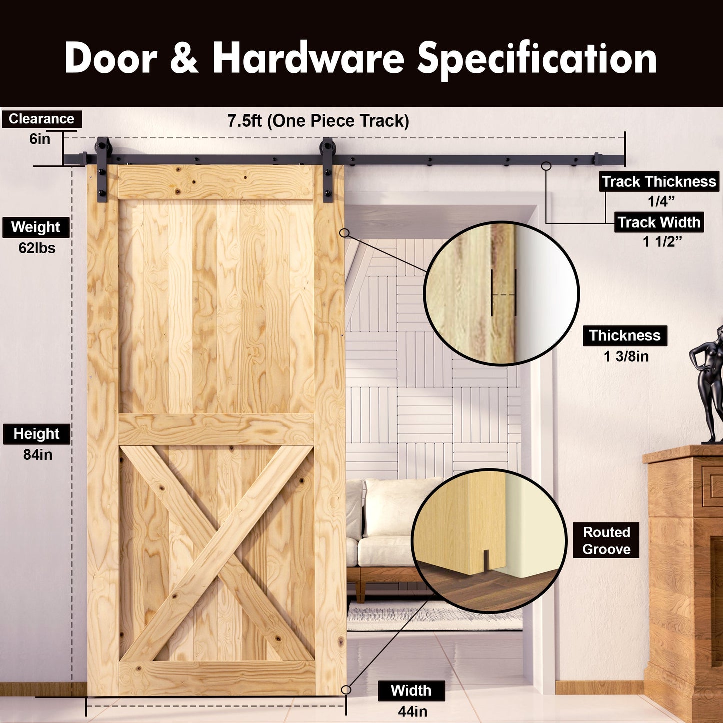 Unfinished Pine Wood Frame Barn Door with Installation Hardware Kit - Classic Design Roller
