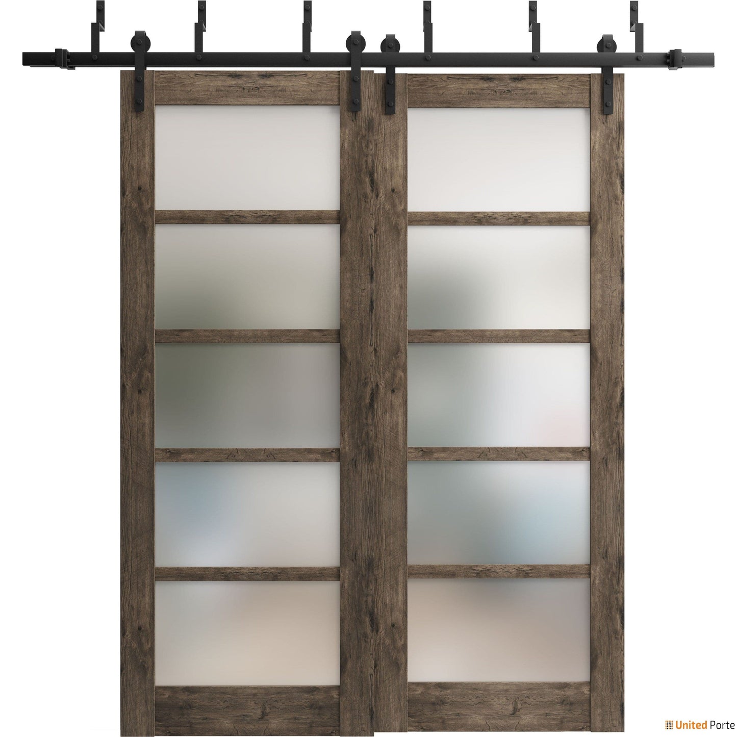 Quadro 4002 Cognac Oak Double Barn Door with Frosted Glass and Black Bypass Rail
