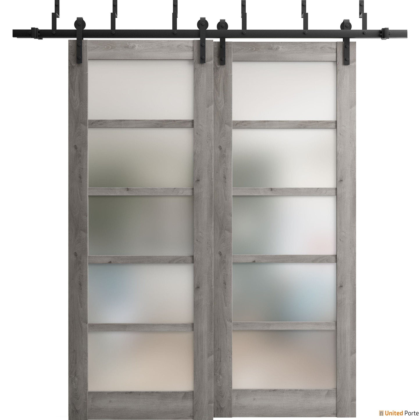 Quadro 4002 Nebraska Grey Double Barn Door with Frosted Glass and Black Bypass Rail