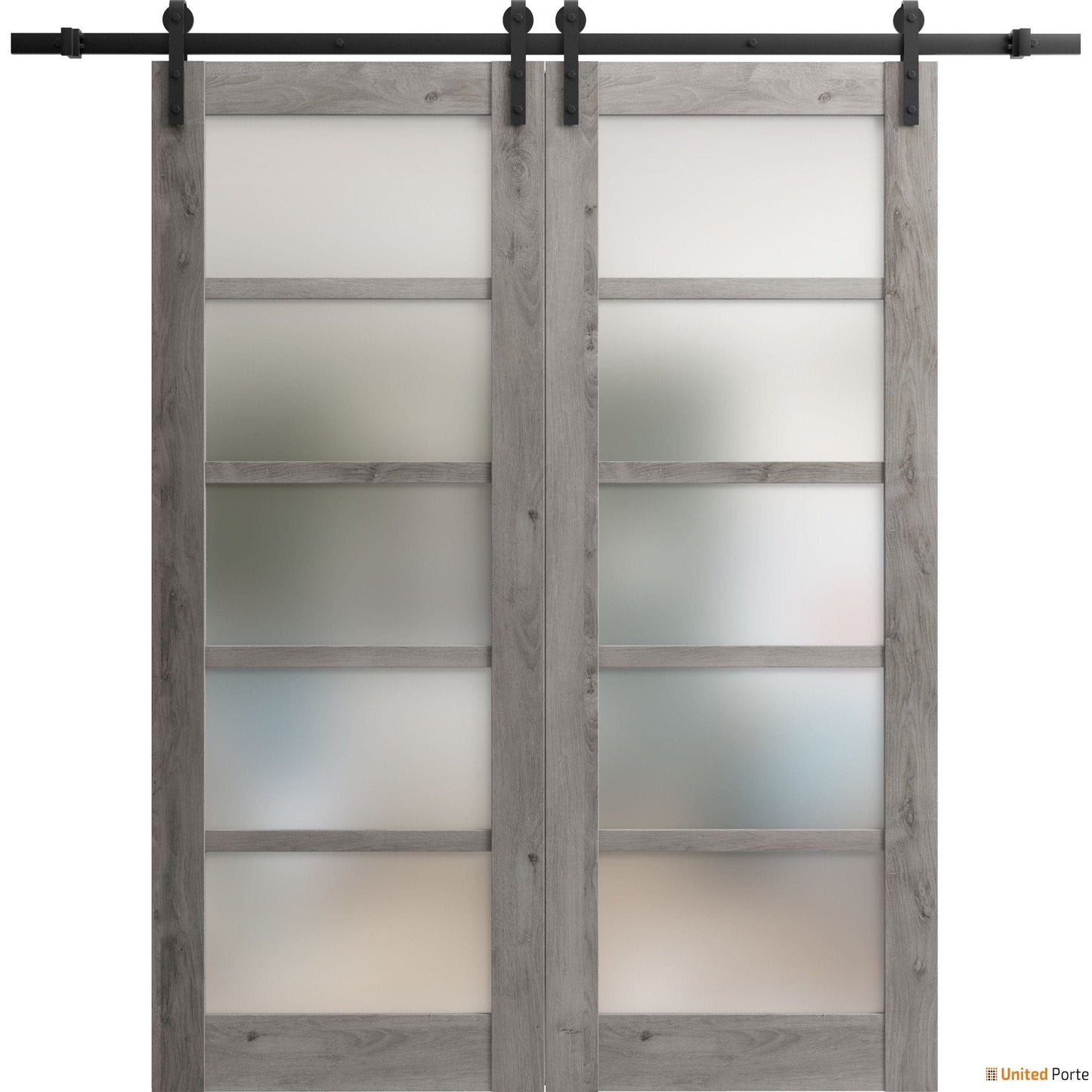 Quadro 4002 Nebraska Grey Double Barn Door with Frosted Glass and Black Rail