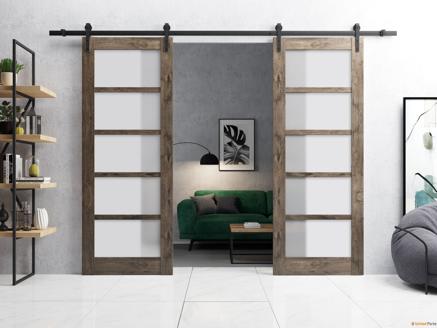 Quadro 4002 Cognac Oak Double Barn Door with Frosted Glass and Black Rail