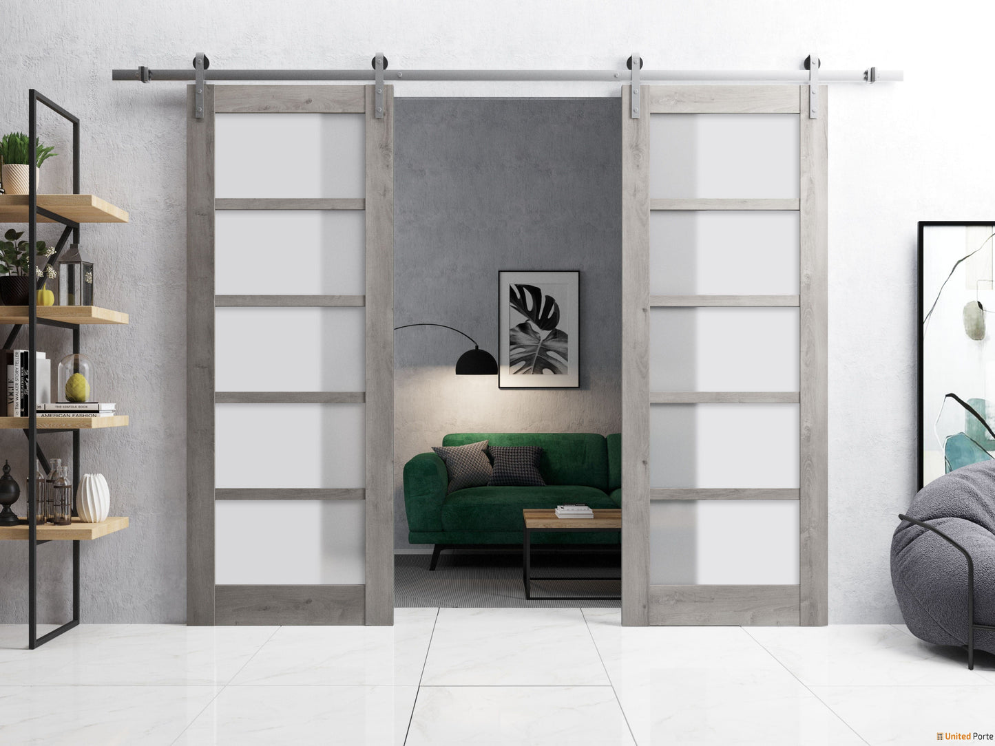 Quadro 4002 Nebraska Grey Double Barn Door with Frosted Glass and Silver Rail