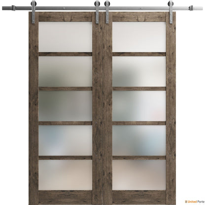 Quadro 4002 Cognac Oak Double Barn Door with Frosted Glass and Silver Rail