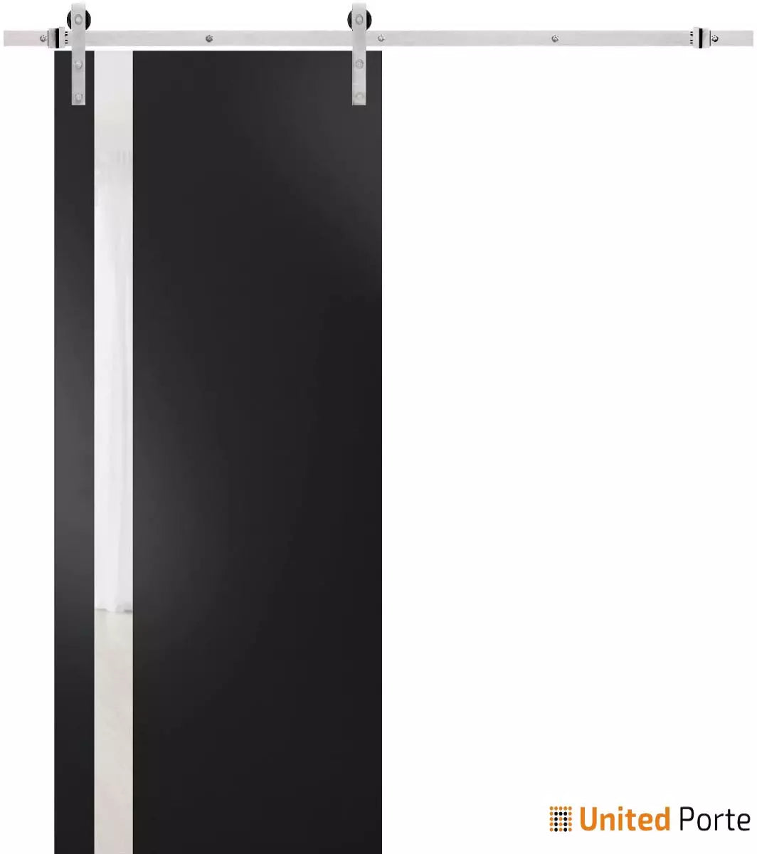 Planum 0040 Matte Black Barn Door with White Glass and Silver Finish Rail