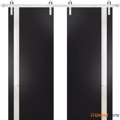 Planum 0040 Matte Black Double Barn Door with White Glass and Silver Finish Rail
