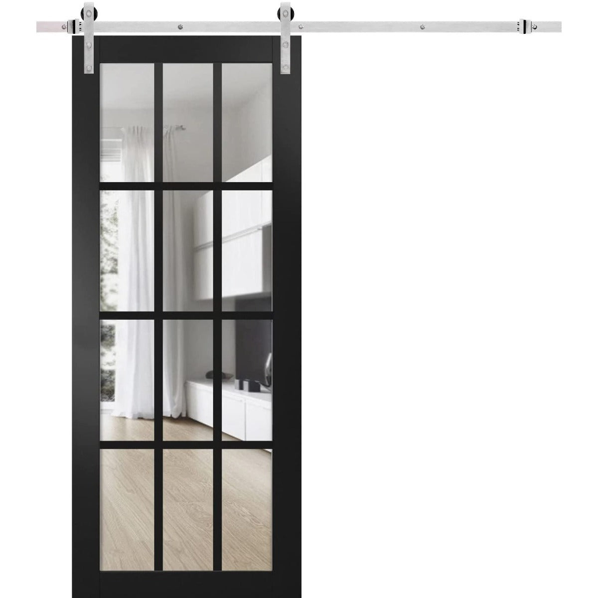 Felicia 3355 Matte Black Barn Door with 12 Lites Clear Glass and Silver Finish Rail