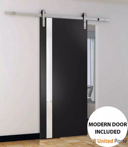 Planum 0440 Matte Black Barn Door with White Glass and Silver Finish Rail
