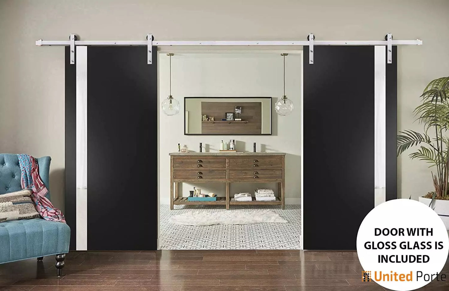 Planum 0040 Matte Black Double Barn Door with White Glass and Silver Finish Rail