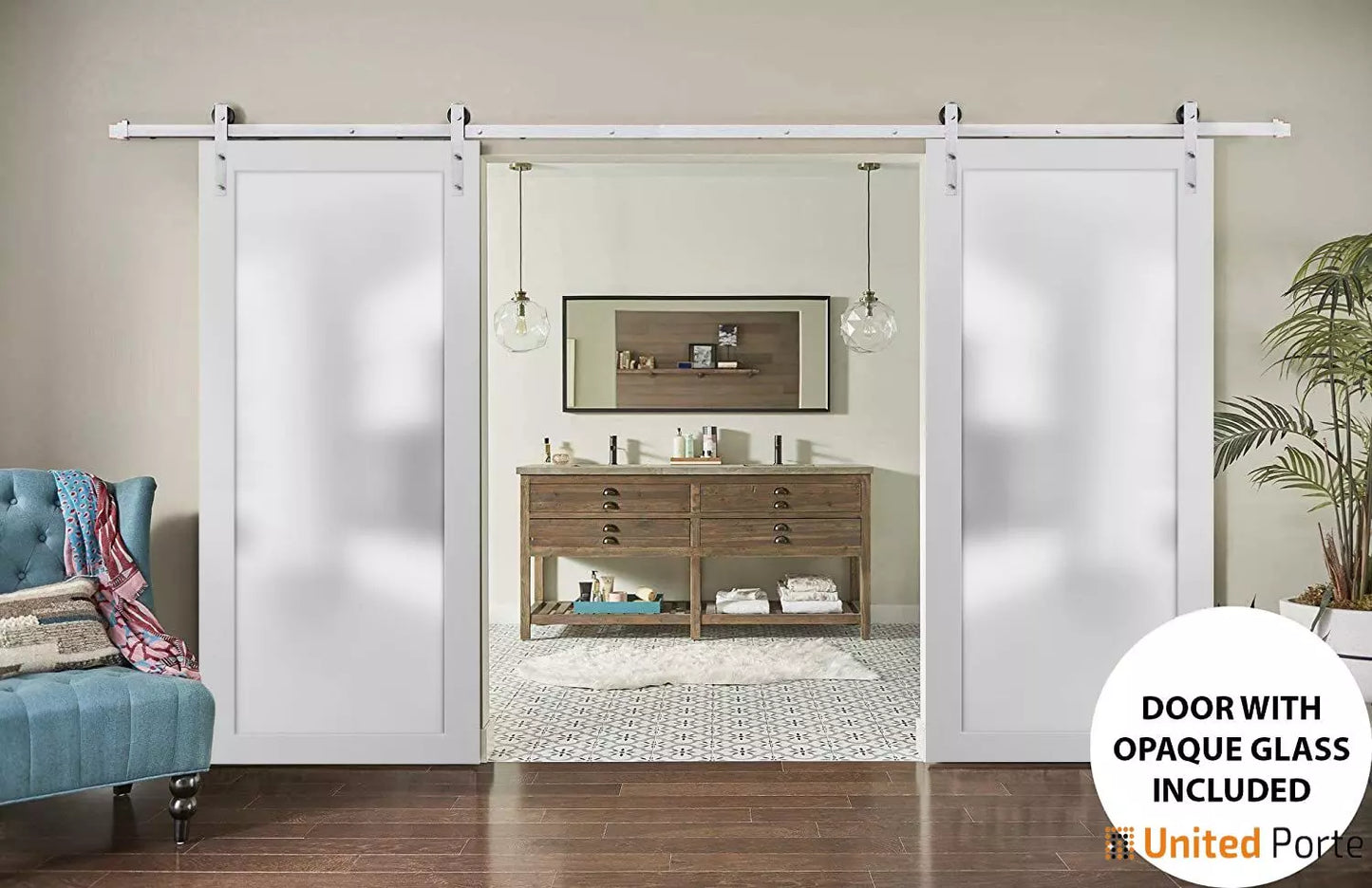 Planum 2102 Matte White Double Barn Door with Frosted Glass | Silver Finish Rail