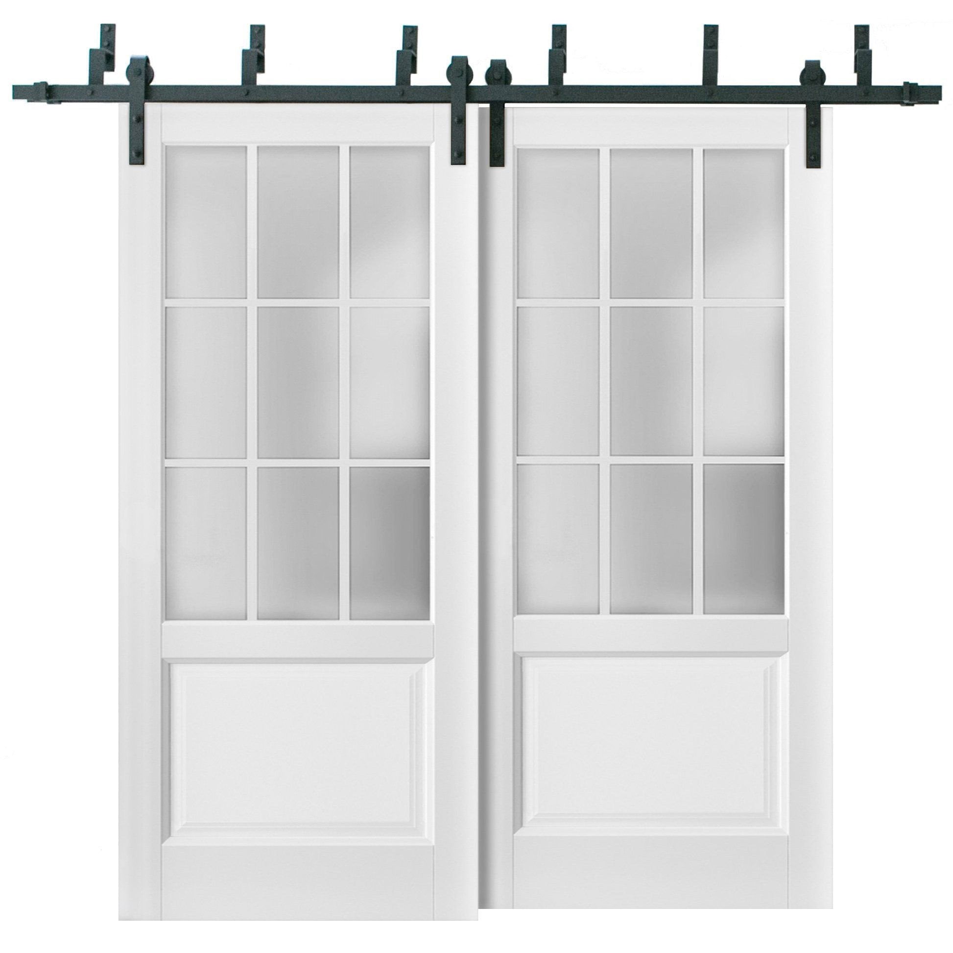 Felicia 3309 Matte White Double Barn Door with 9 Lites Frosted Glass | Black Bypass Rails