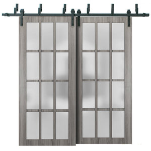 Felicia 3312 Ginger Ash Double Barn Door with 12 Lites Frosted Glass | Black Bypass Rails