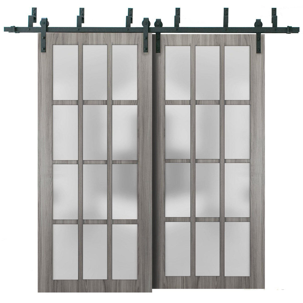 Felicia 3312 Ginger Ash Double Barn Door with 12 Lites Frosted Glass | Black Bypass Rails