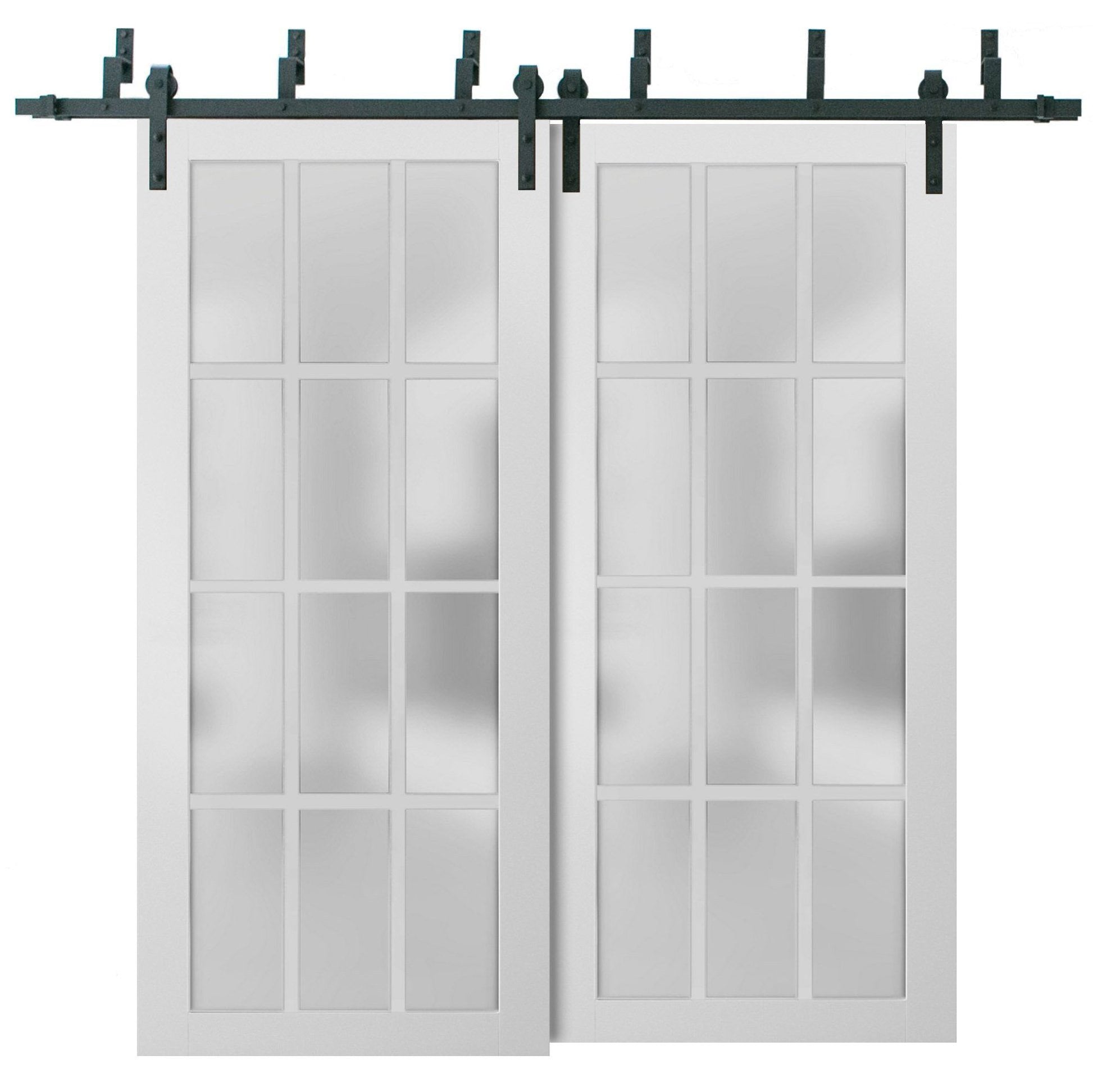 Felicia 3312 Matte White Double Barn Door with 12 Lites Frosted Glass | Black Bypass Rails
