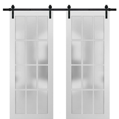 Felicia 3312 Matte White Double Barn Door with 12 Lites Frosted Glass | Black Rail