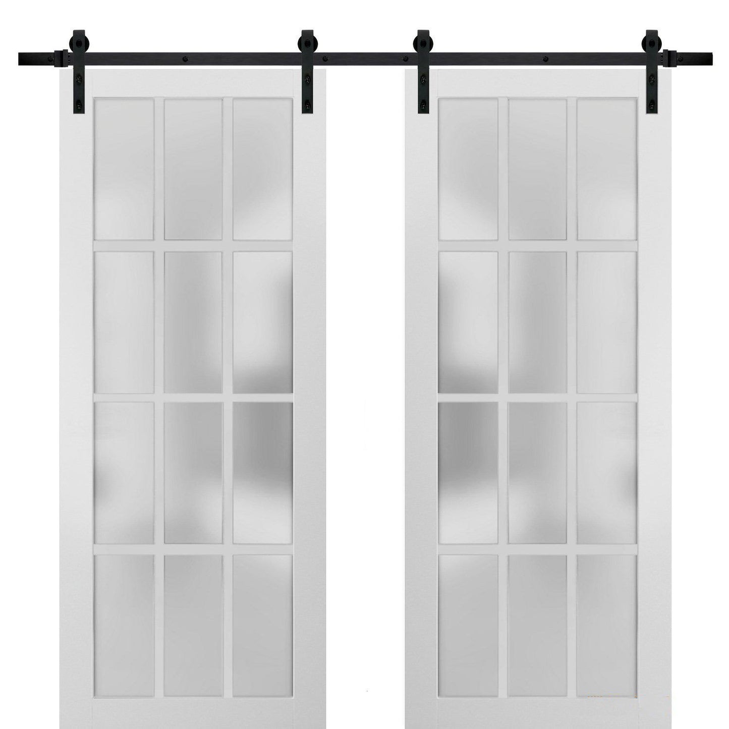 Felicia 3312 Matte White Double Barn Door with 12 Lites Frosted Glass | Black Rail