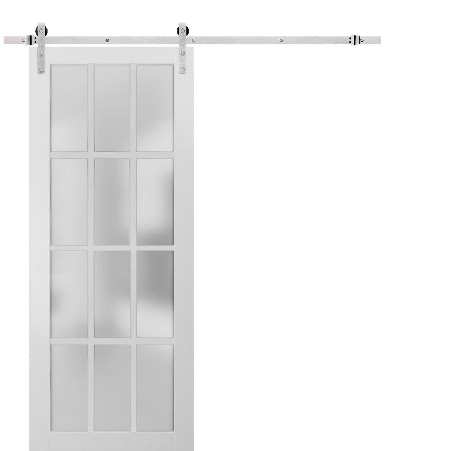 Felicia 3312 White Barn Door with 12 Lites Frosted Glass and Stainless Rail