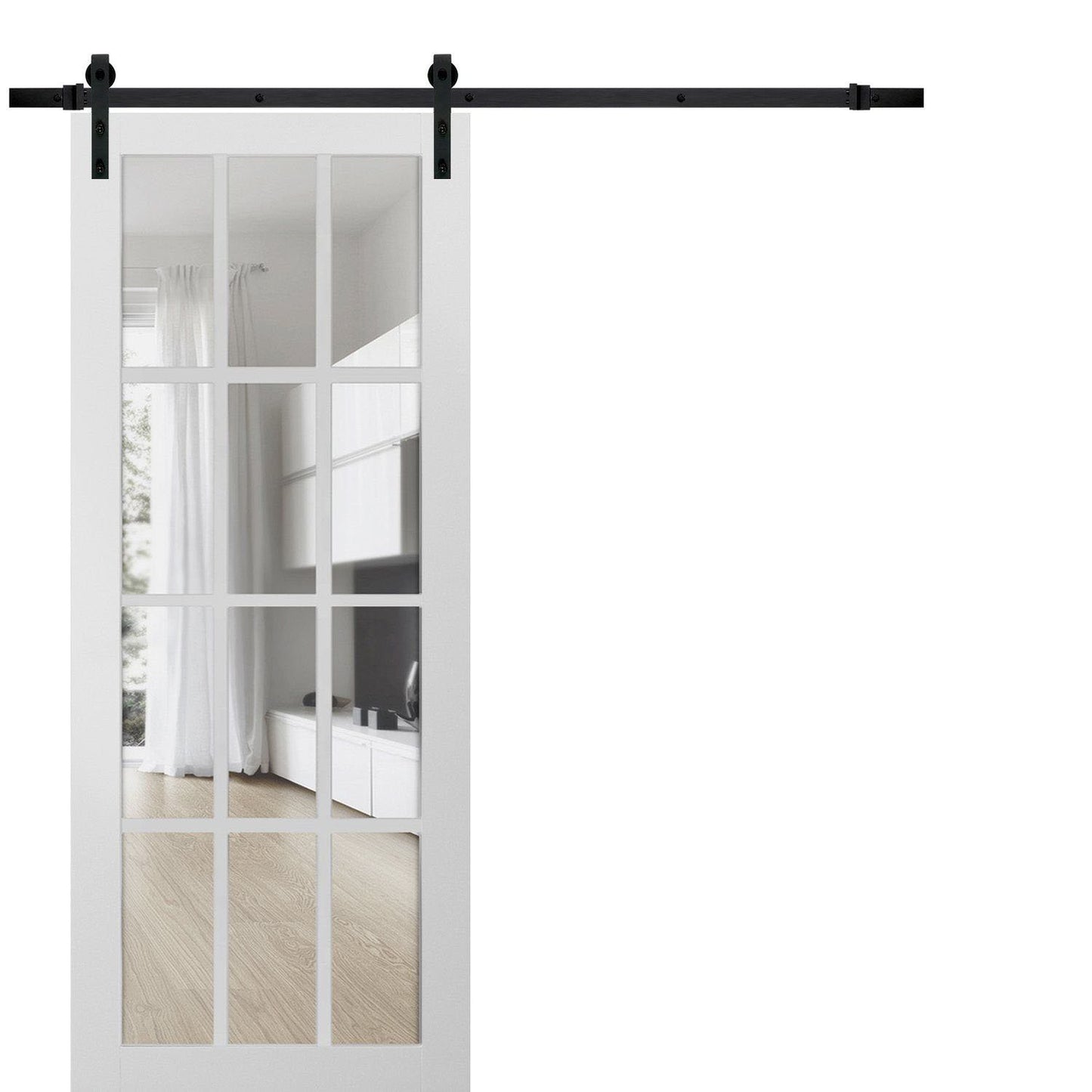 Felicia 3355 Matte White Barn Door with 12 Lites Clear Glass and Black Rail