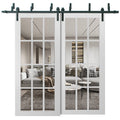 Felicia 3355 Matte White Double Barn Door with 12 Lites Clear Glass | Black Bypass Rails
